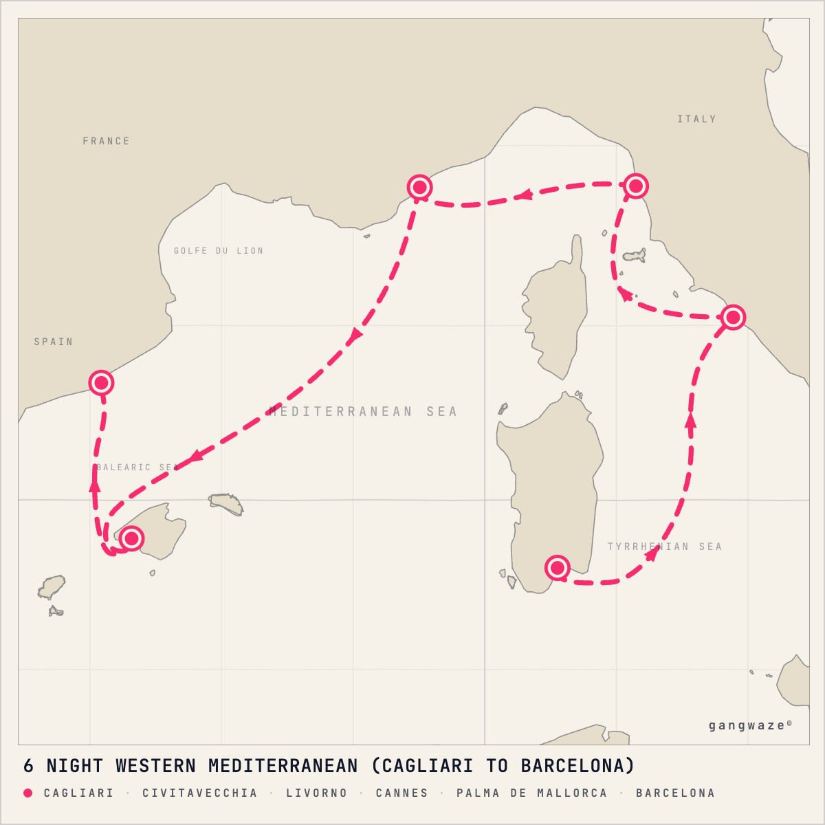 MSC Fantasia November 7, 2027 itinerary map: from Cagliari to Barcelona, calling at Civitavecchia, Livorno, Cannes, Palma De Mallorca