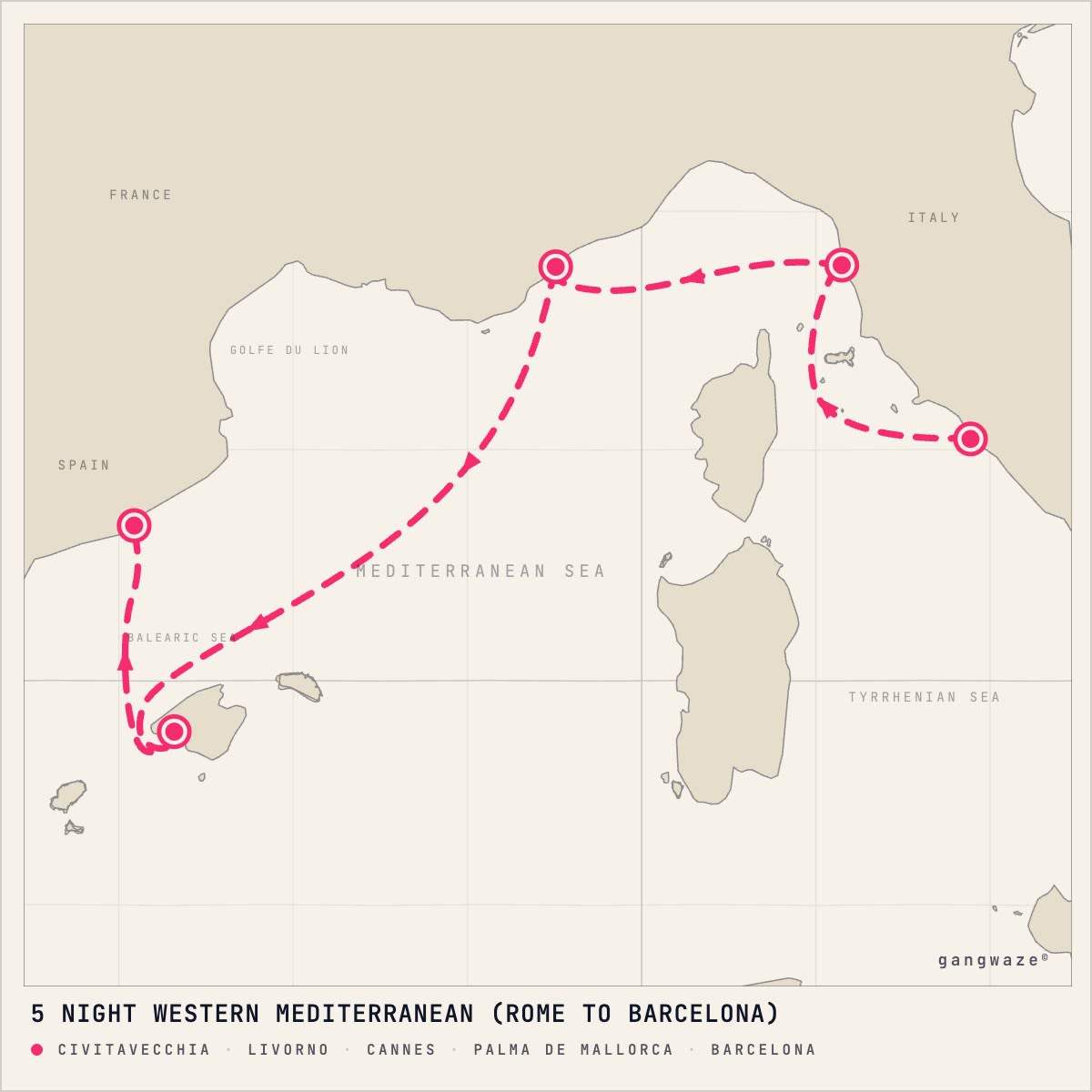 MSC Fantasia November 8, 2027 itinerary map: from Civitavecchia to Barcelona, calling at Livorno, Cannes, Palma De Mallorca