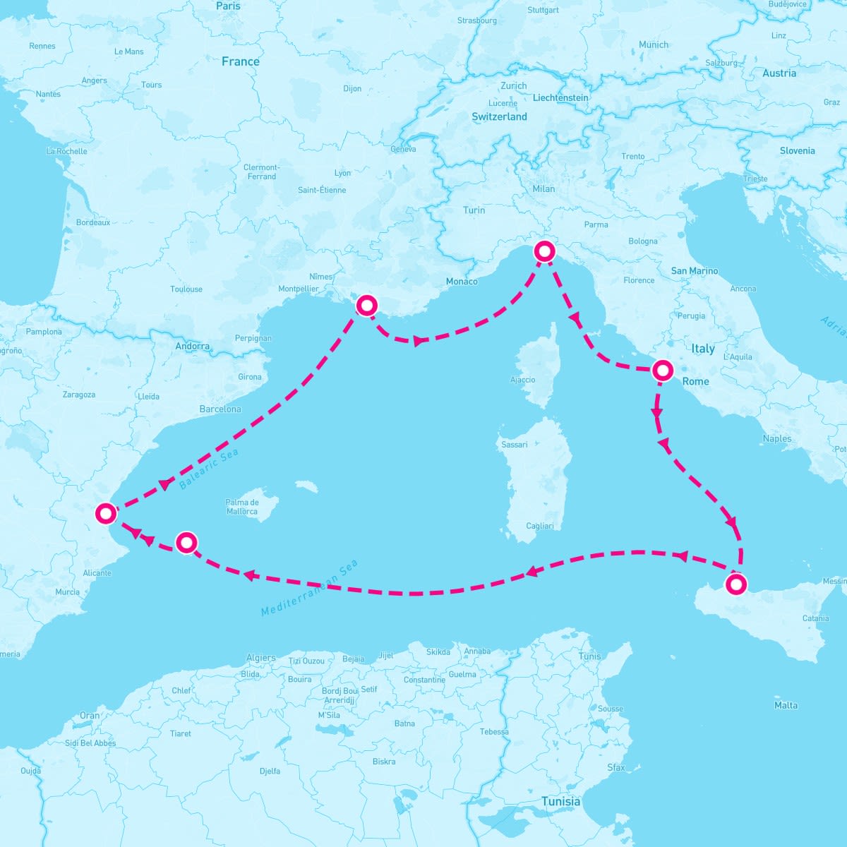 MSC Grandiosa itinerary map for October 17, 2025 (7 nights)