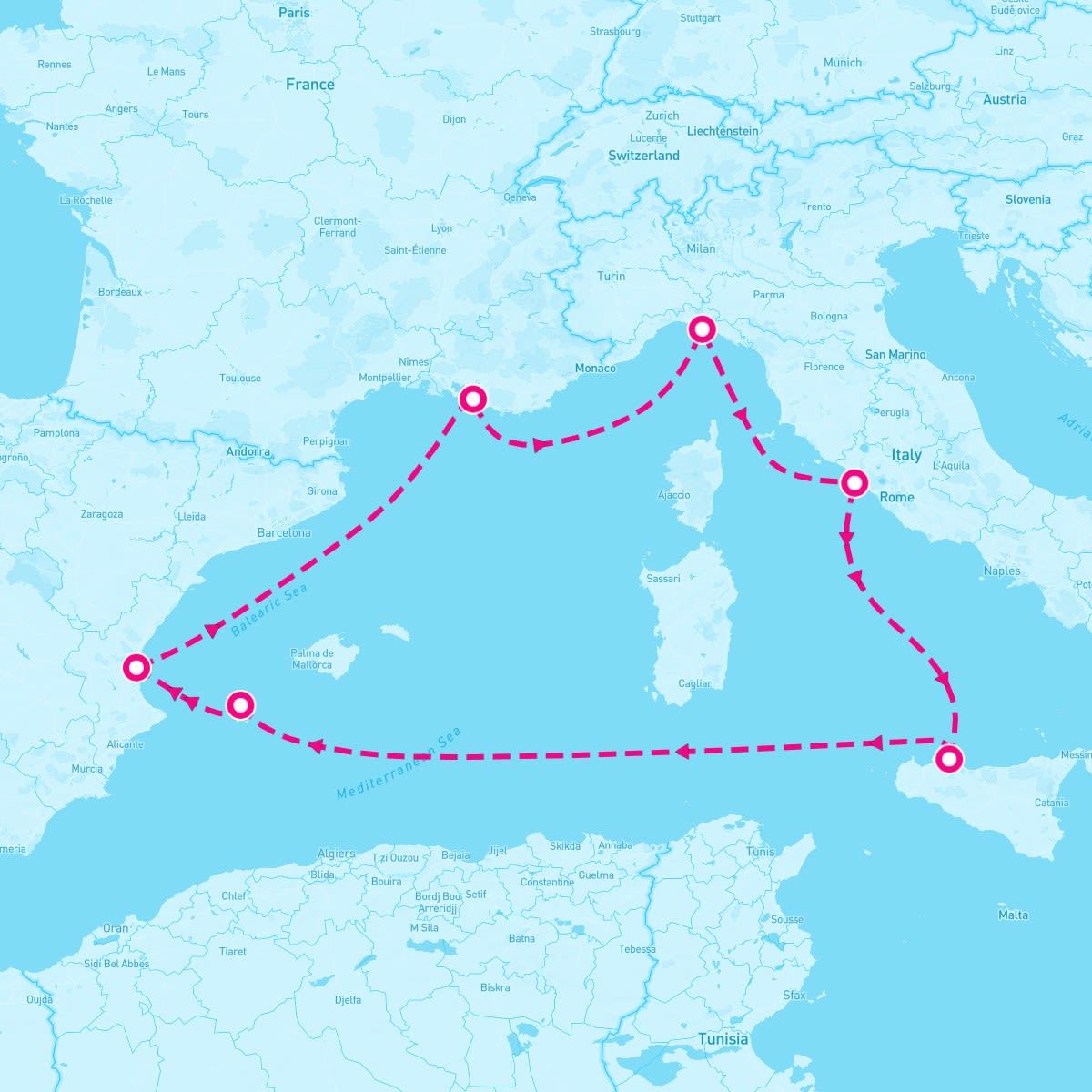 MSC Grandiosa itinerary map for October 18, 2025 (7 nights)