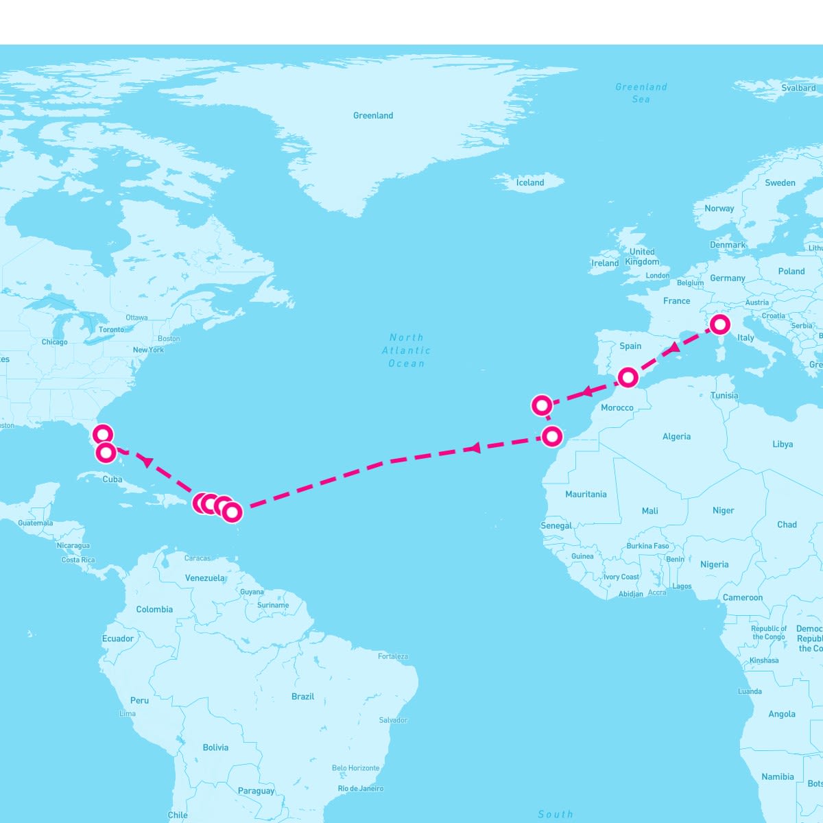 MSC Grandiosa itinerary map for November 15, 2025 (21 nights)