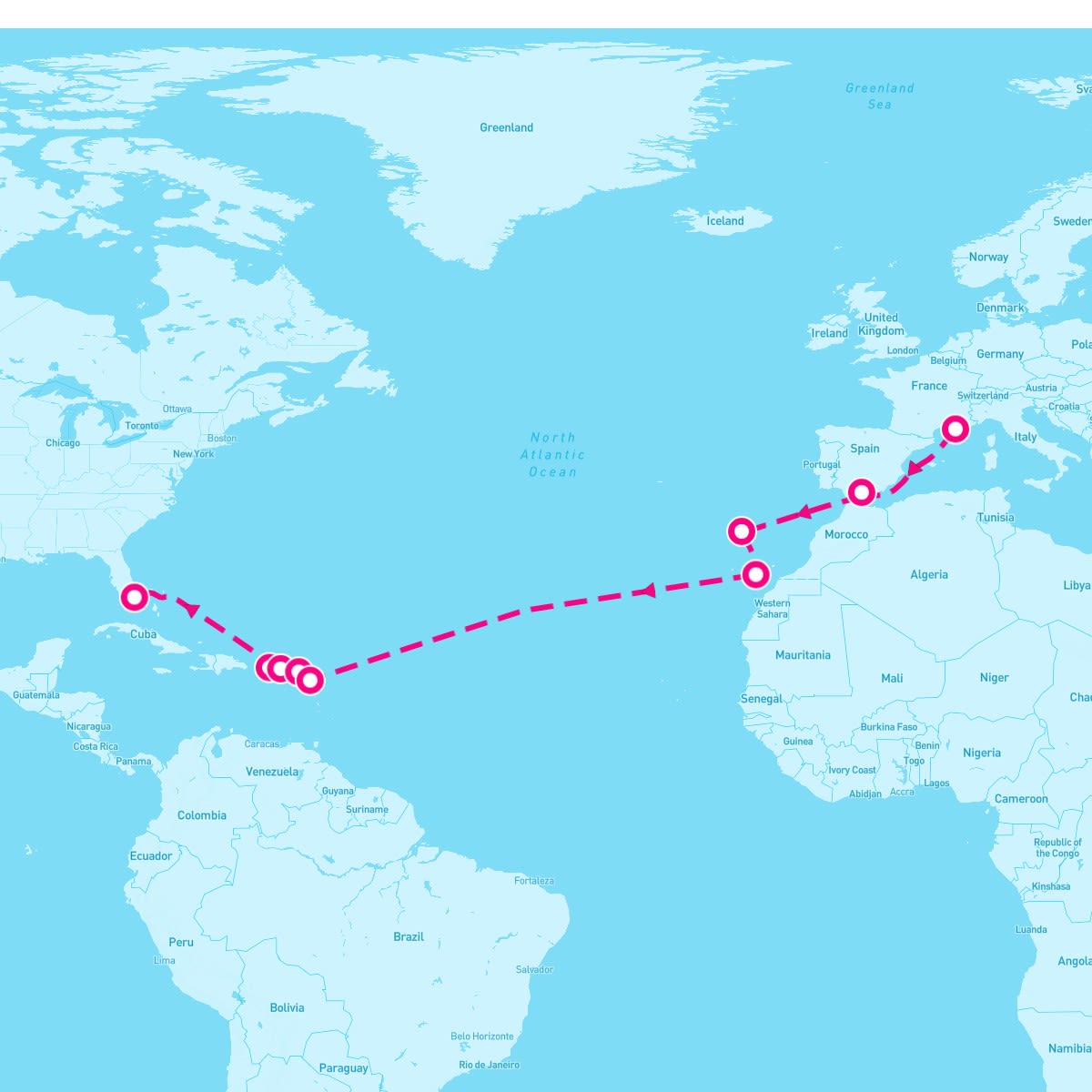 MSC Grandiosa itinerary map for November 16, 2025 (19 nights)