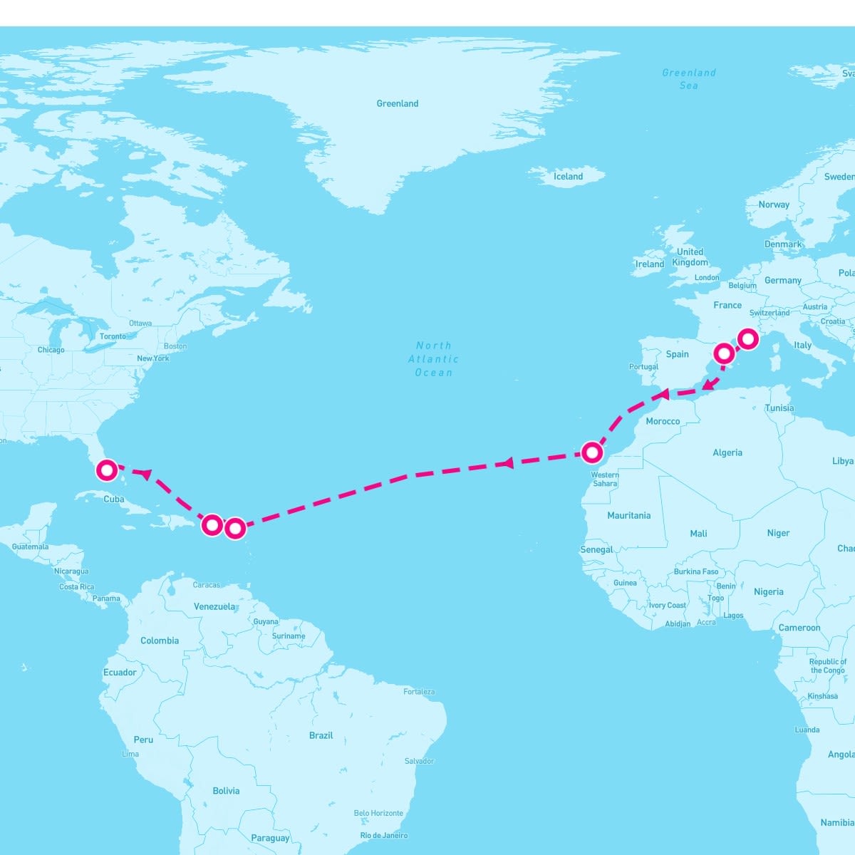 MSC Grandiosa itinerary map for November 20, 2025 (15 nights)