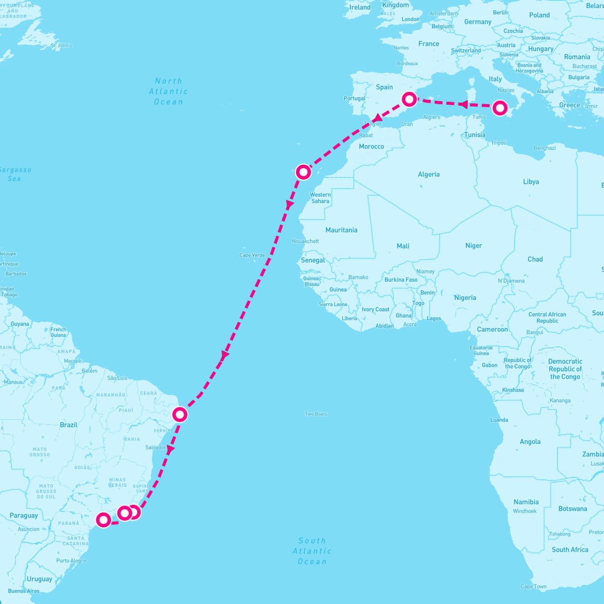 MSC Lirica itinerary map for November 12, 2025 (16 nights)