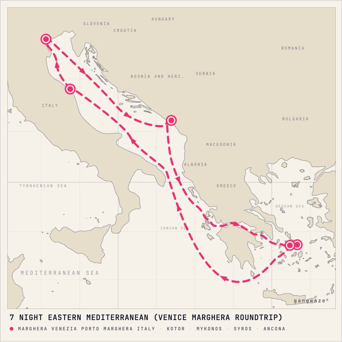 MSC Lirica itinerary map for June 10, 2028 (7 nights)
