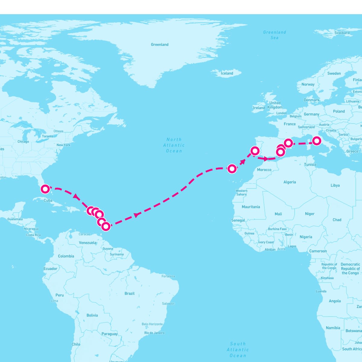 MSC Magnifica itinerary map for November 8, 2024 (22 nights)