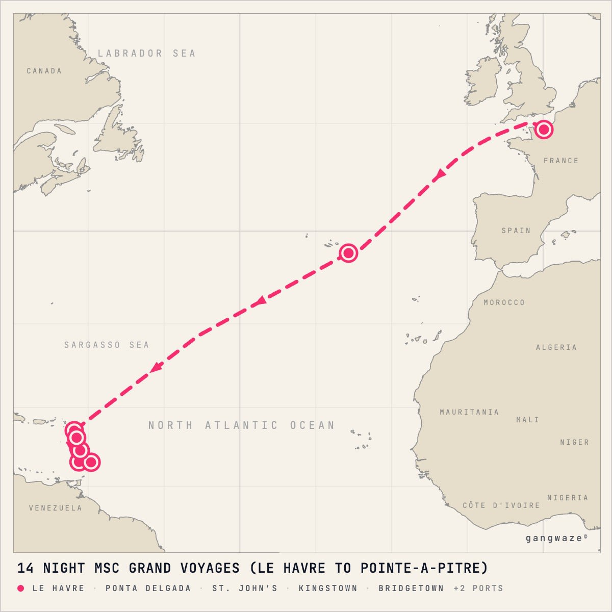 MSC Meraviglia itinerary map for November 7, 2027 (14 nights)
