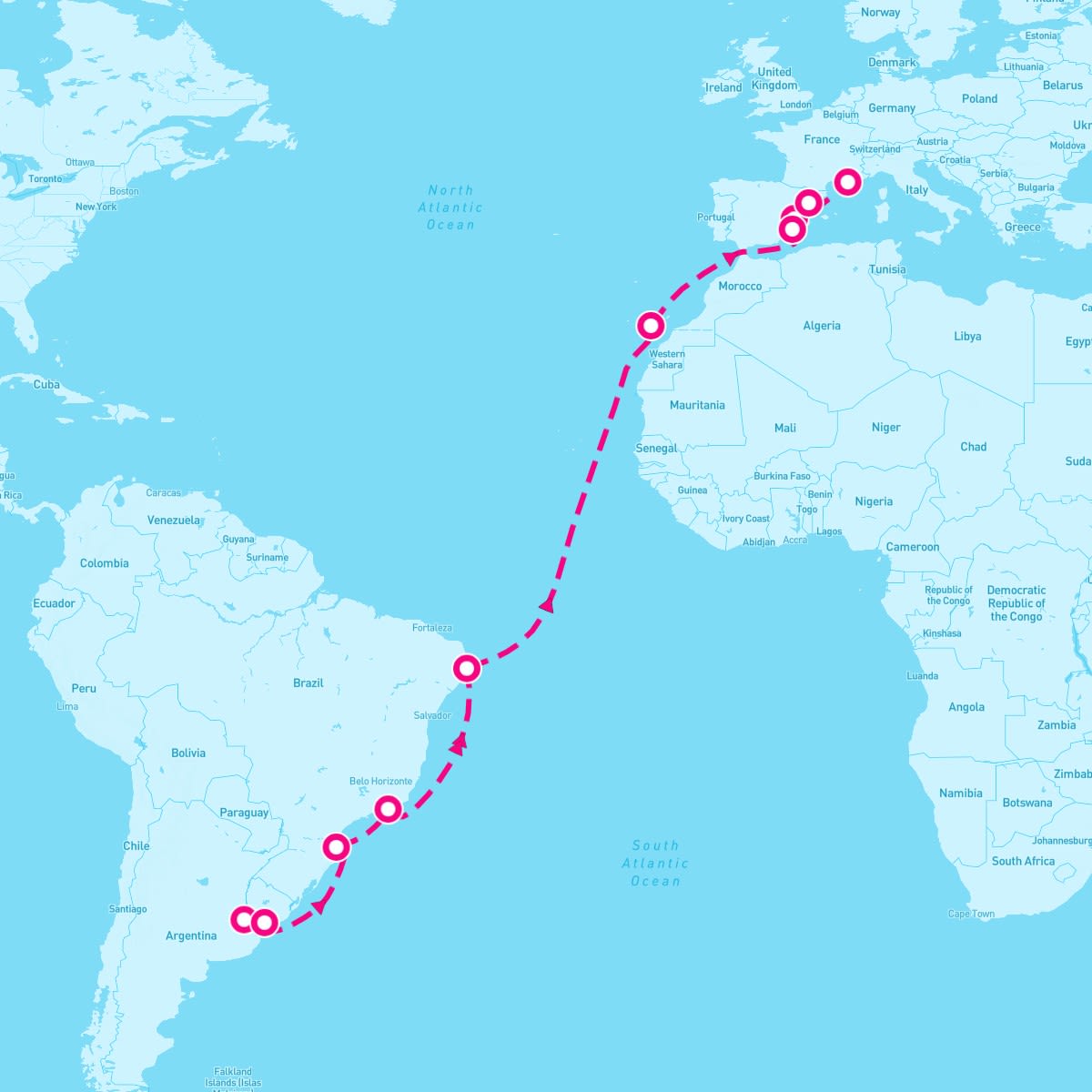 MSC Musica itinerary map for March 31, 2024 (20 nights)