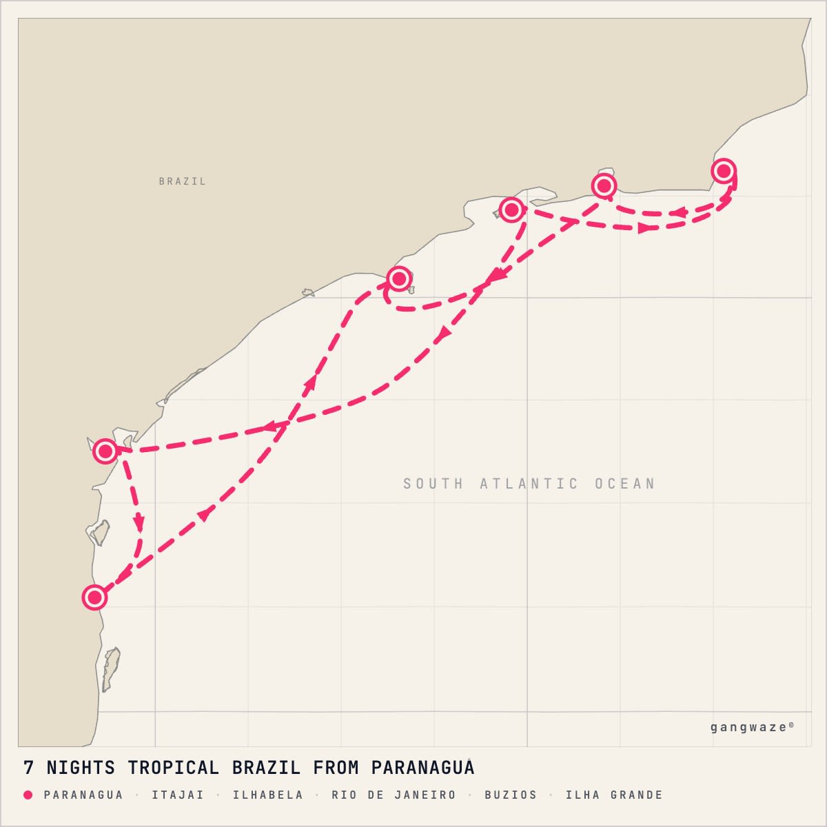 MSC Musica January 29, 2028 itinerary map: round trip from Paranagua, calling at Itajai, Ilhabela, Rio De Janeiro, Buzios, Ilha Grande