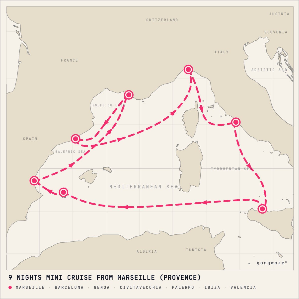 MSC Musica April 5, 2028 itinerary map: round trip from Marseille, calling at Barcelona, Genoa, Civitavecchia, Palermo, Ibiza, Valencia