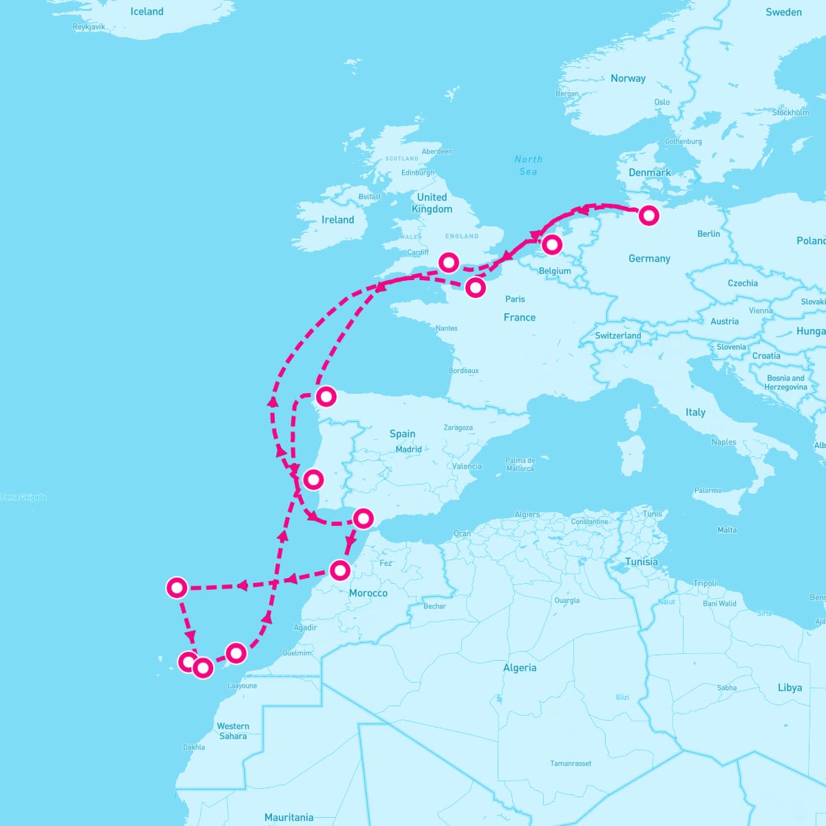 MSC Preziosa itinerary map for January 8, 2025 (20 nights)