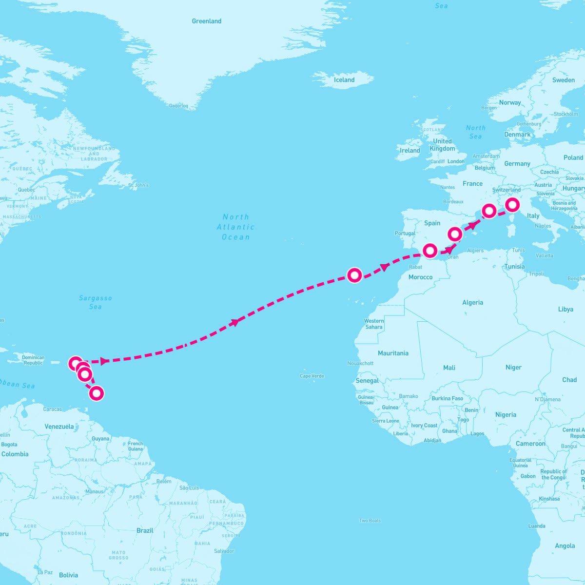 MSC Seaside itinerary map for April 7, 2024 (16 nights)