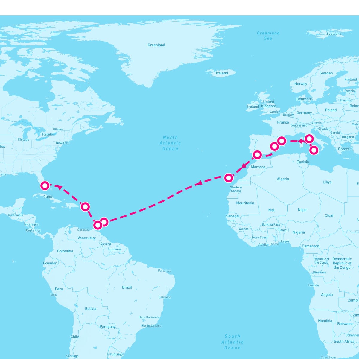 MSC Seaside itinerary map for October 27, 2024 (21 nights)