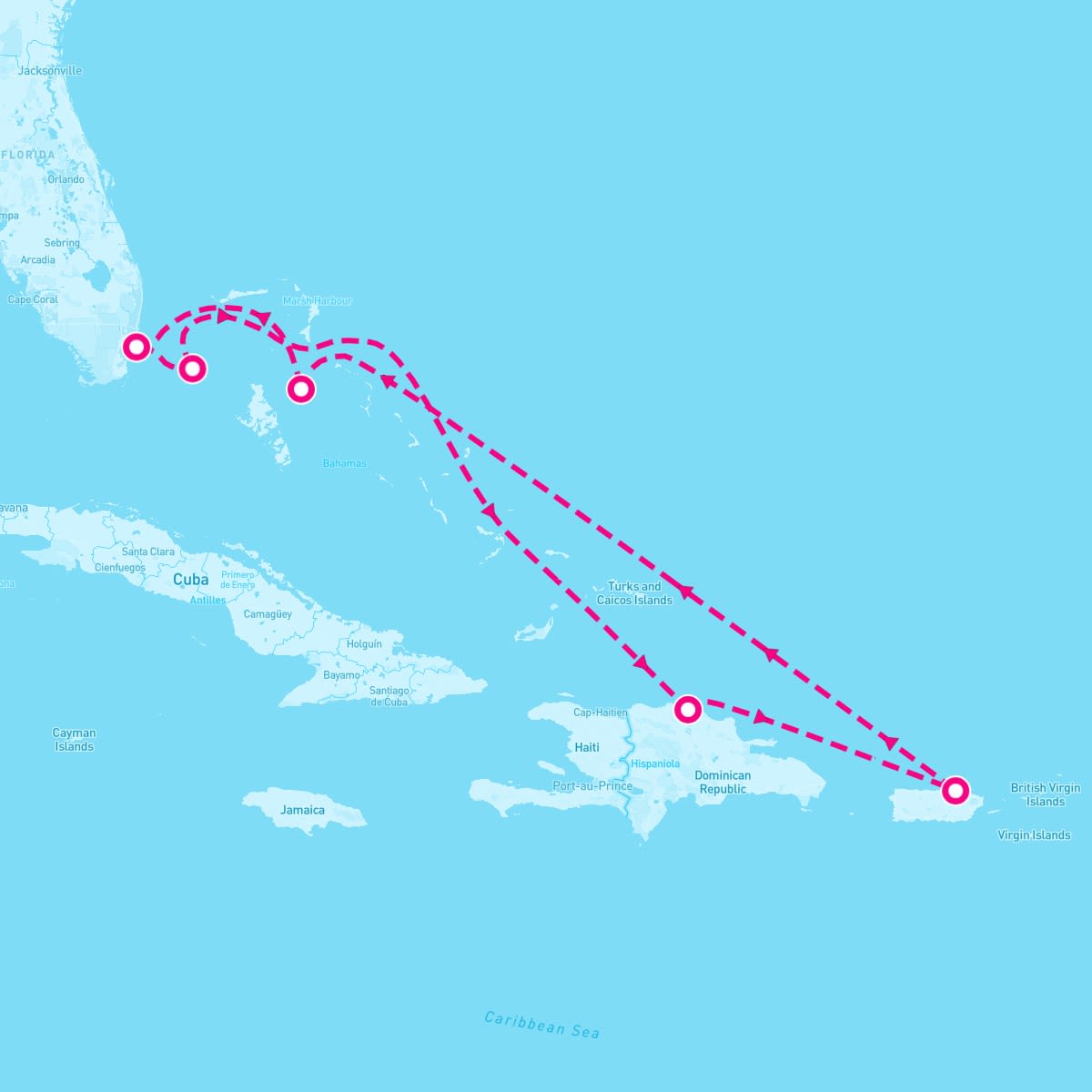 MSC Seaside itinerary map for December 15, 2024 (7 nights)