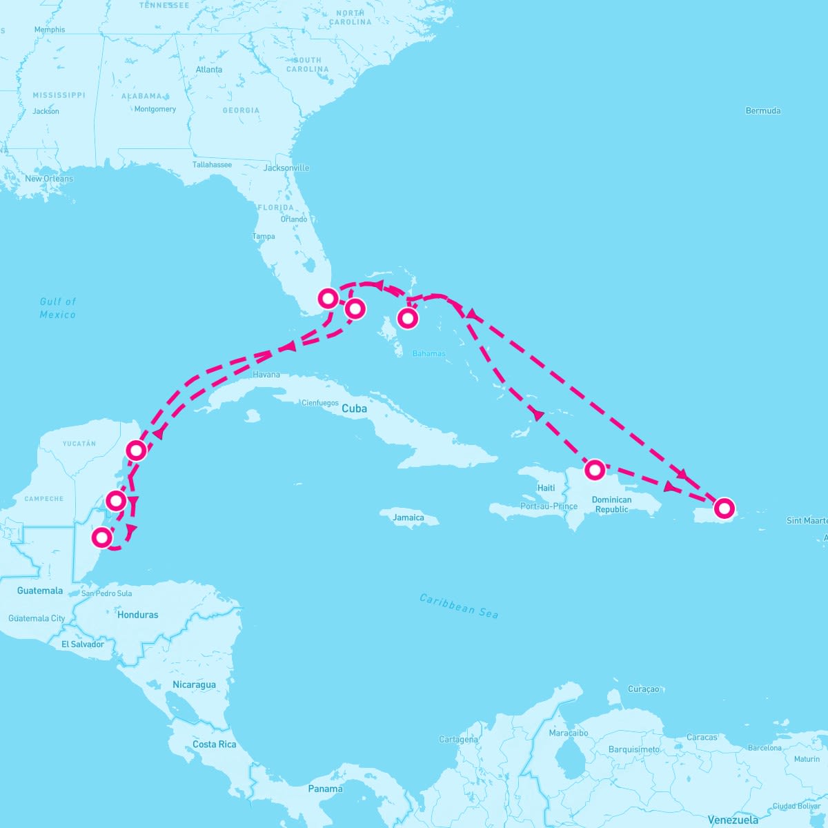 MSC Seaside itinerary map for February 16, 2025 (14 nights)
