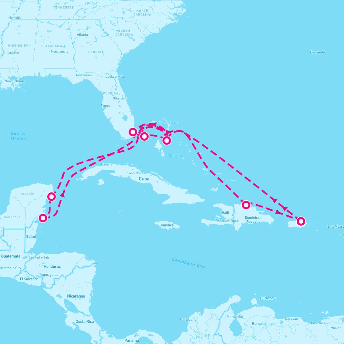 MSC Seaside itinerary map for March 23, 2025 (14 nights)