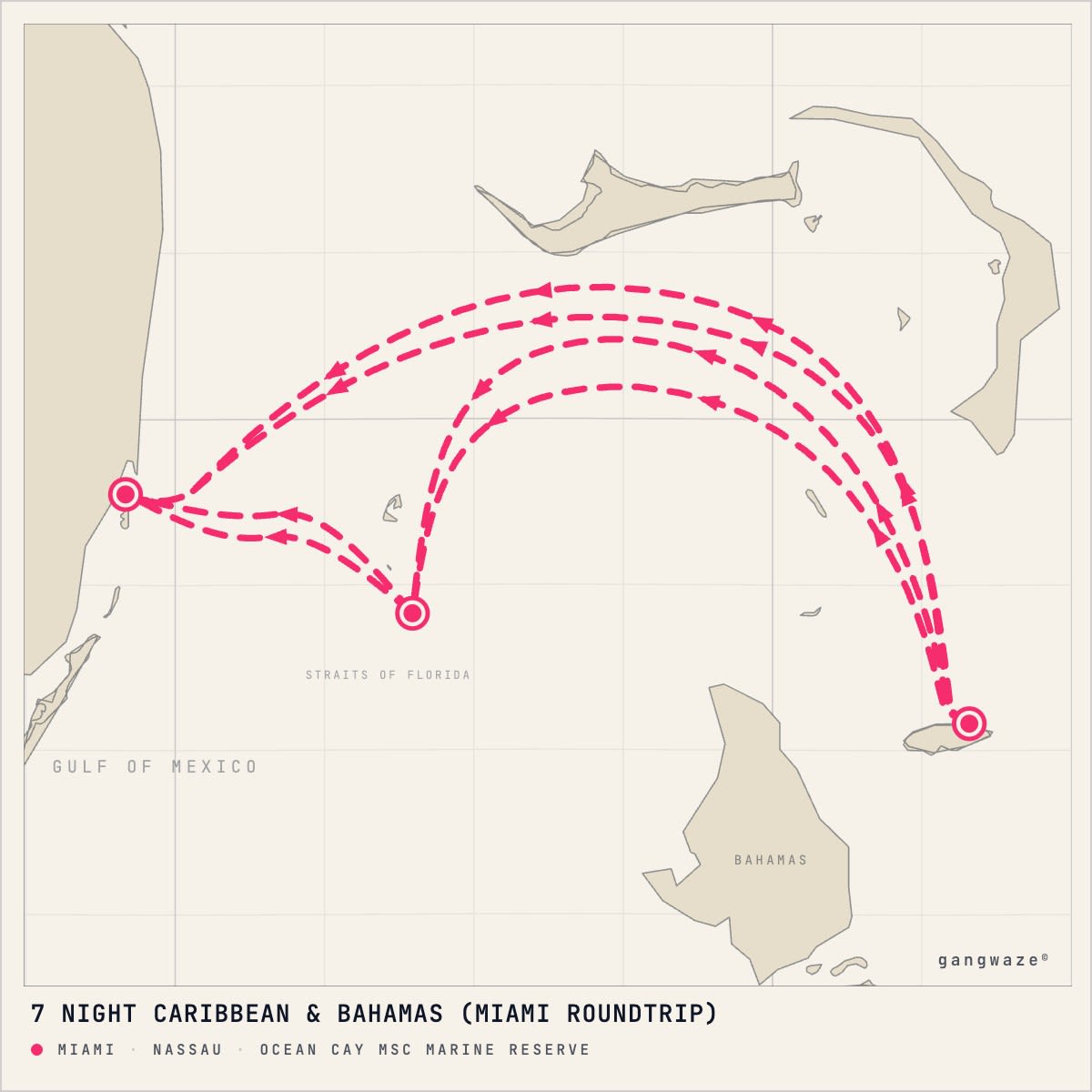 MSC Seaside itinerary map for May 24, 2027 (7 nights)