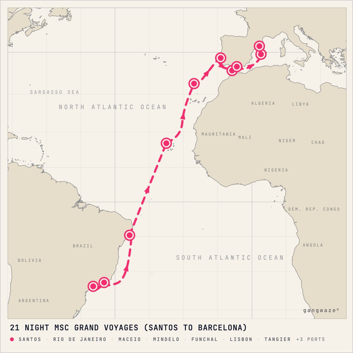 MSC Seaview March 7, 2027 itinerary map: from Santos to Barcelona, calling at Rio De Janeiro, Maceio, Mindelo, Funchal, Lisbon, Tangier, Malaga, Palma De Mallorca