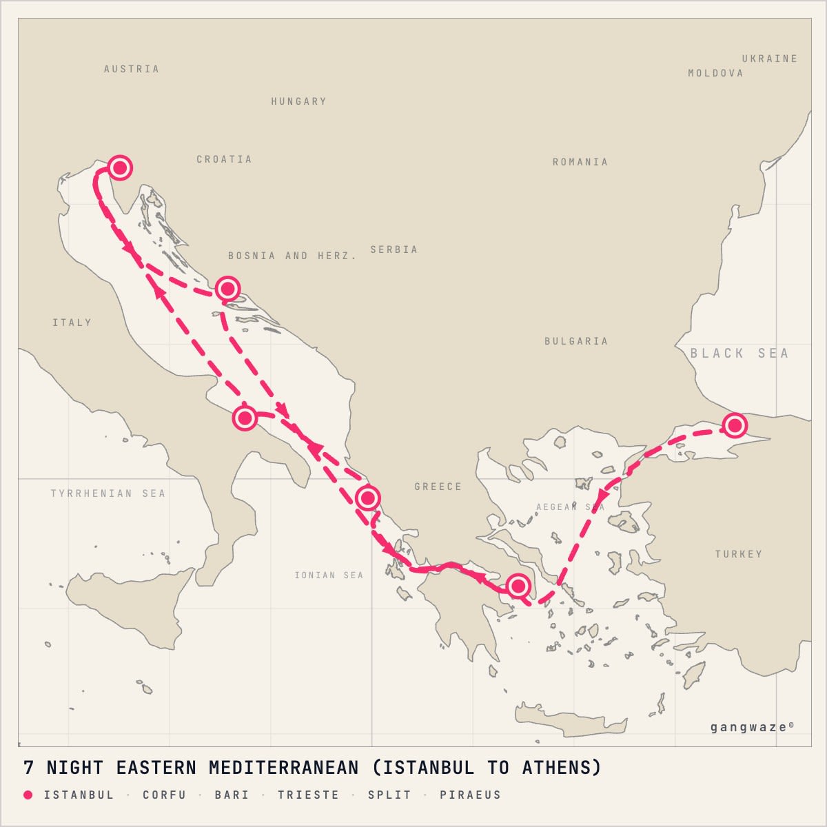 MSC Seaview October 26, 2028 itinerary map: from Istanbul to Piraeus, calling at Corfu, Bari, Trieste, Split