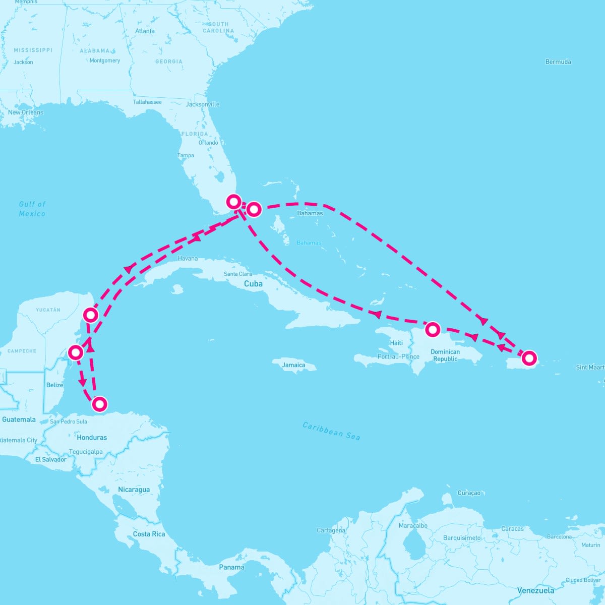 MSC World America itinerary map for May 3, 2025 (14 nights)