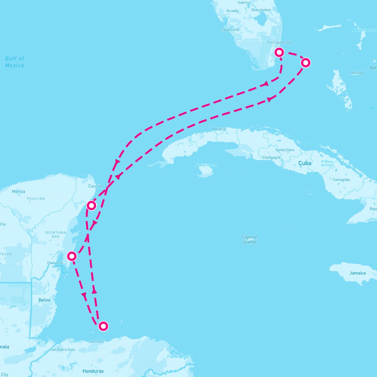 MSC World America itinerary map for May 31, 2025