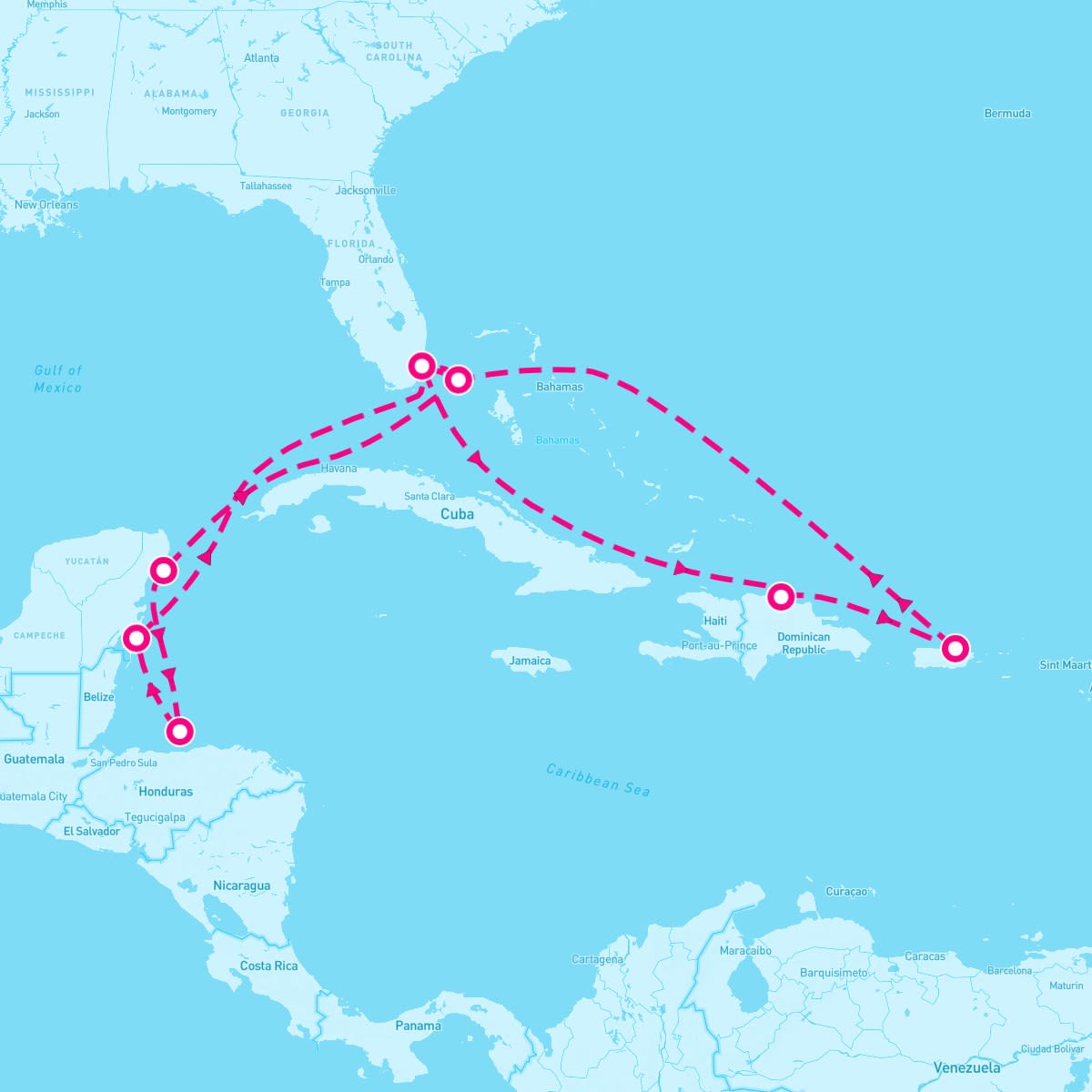 MSC World America itinerary map for June 21, 2025 (14 nights)