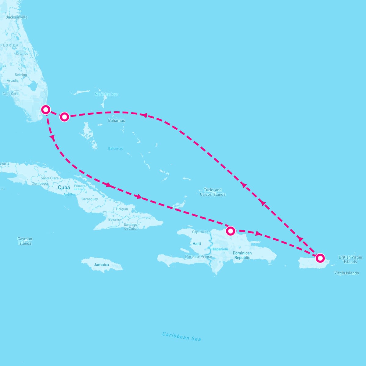 MSC World America itinerary map for September 27, 2025 (7 nights)