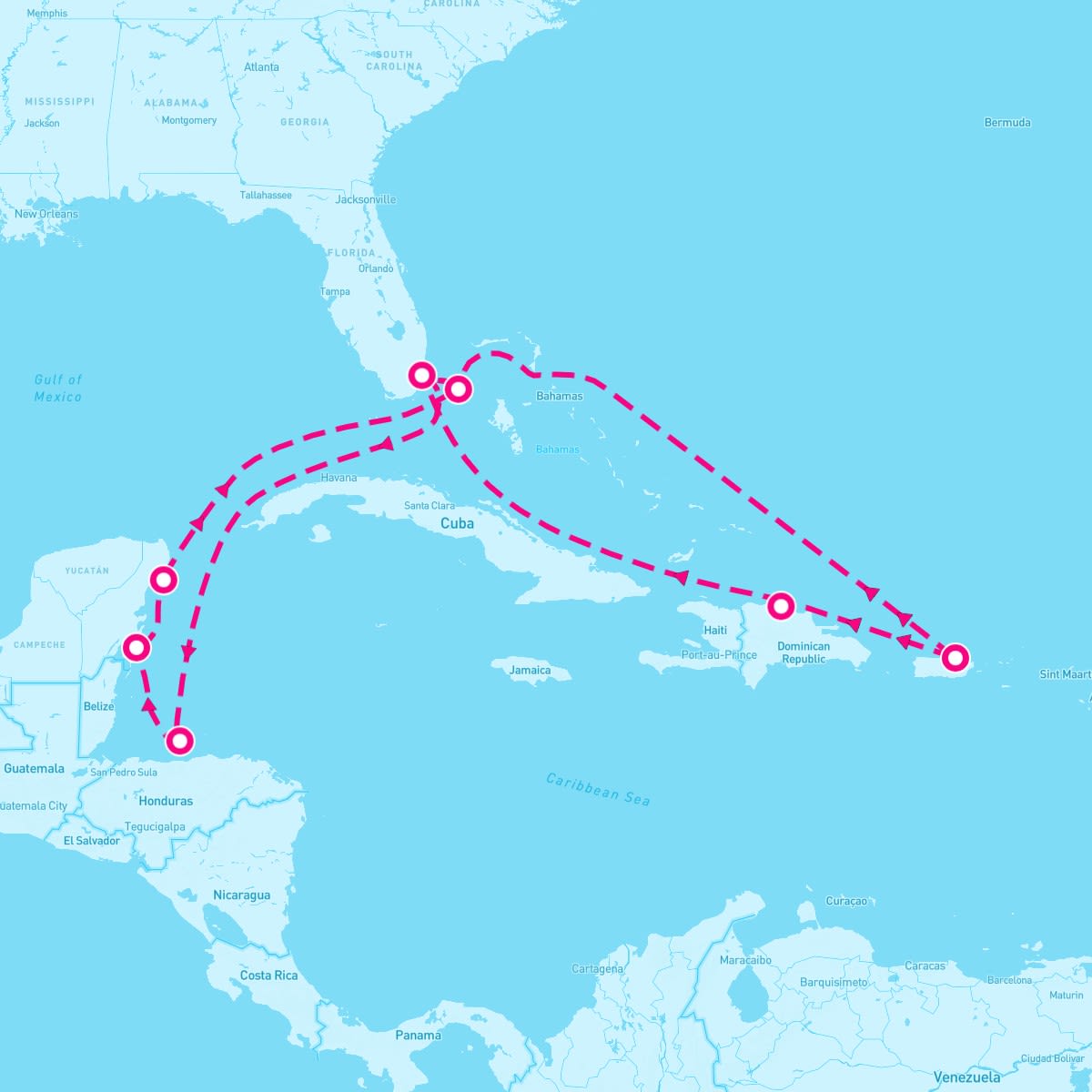 MSC World America itinerary map for December 20, 2025 (14 nights)