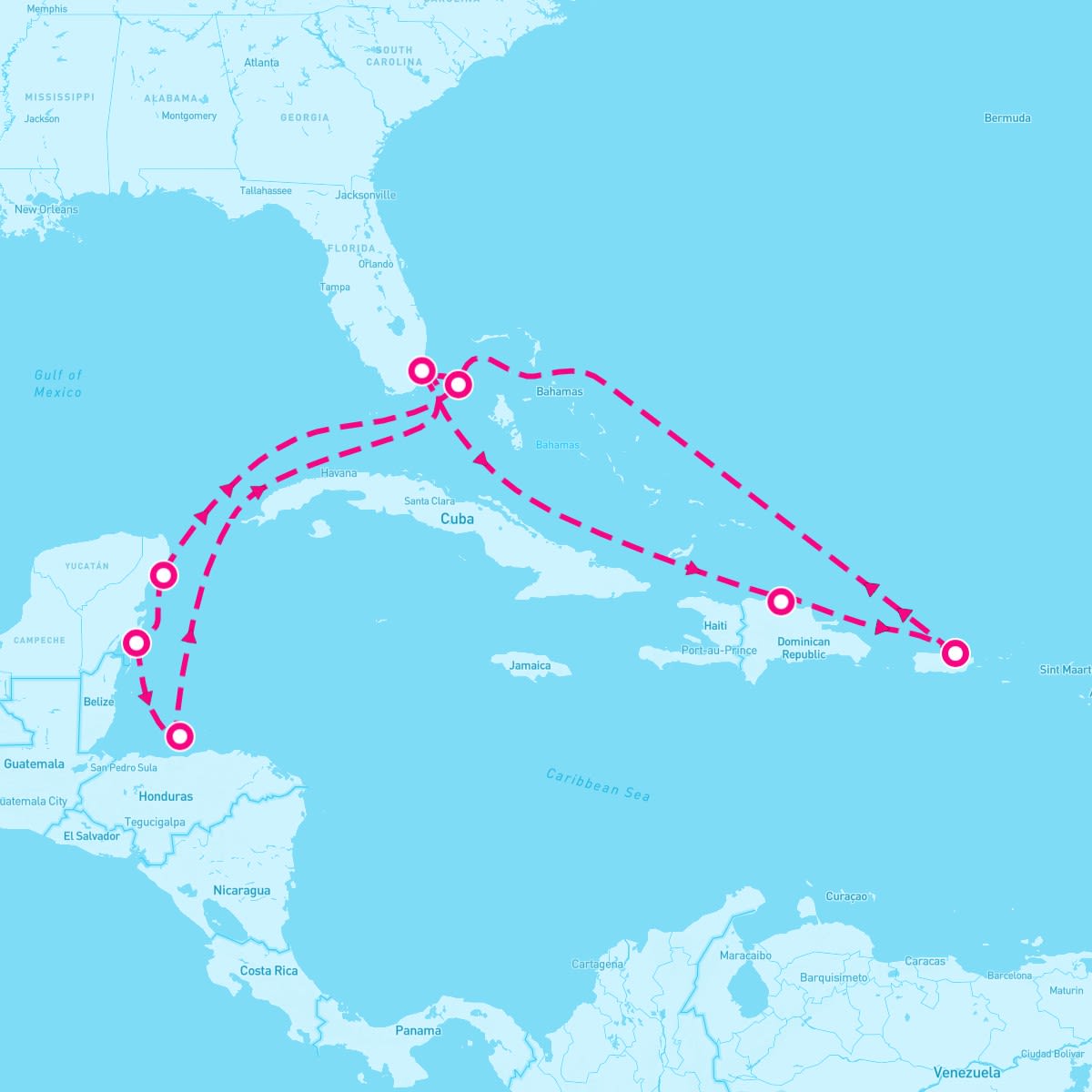 MSC World America itinerary map for October 17, 2026 (14 nights)