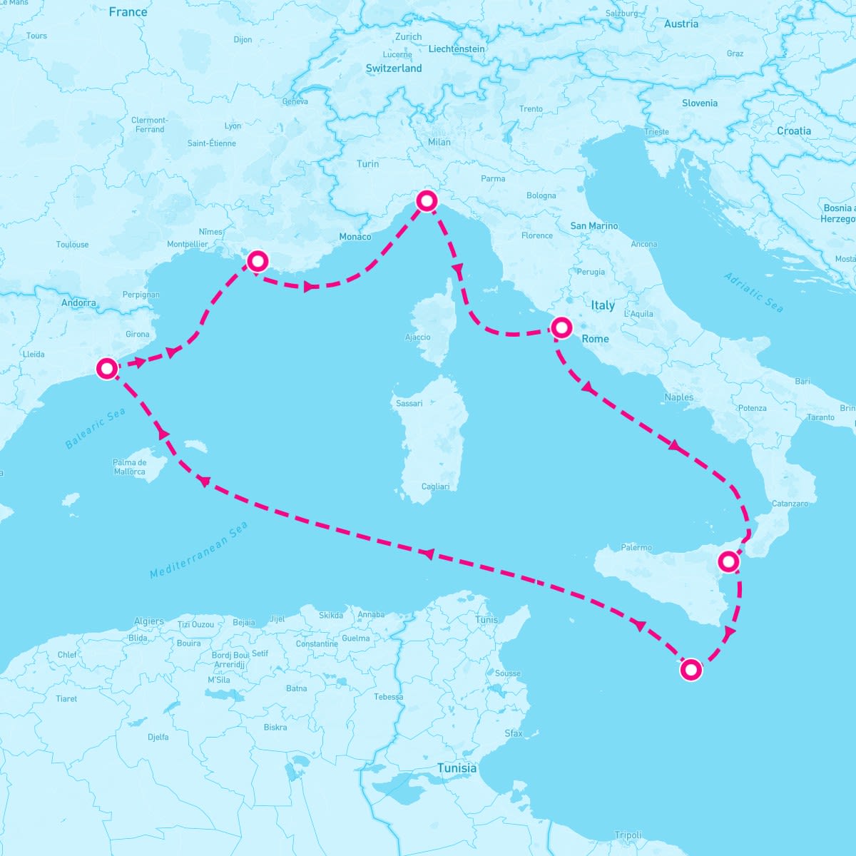 MSC World Europa itinerary map for January 18, 2025 (7 nights)