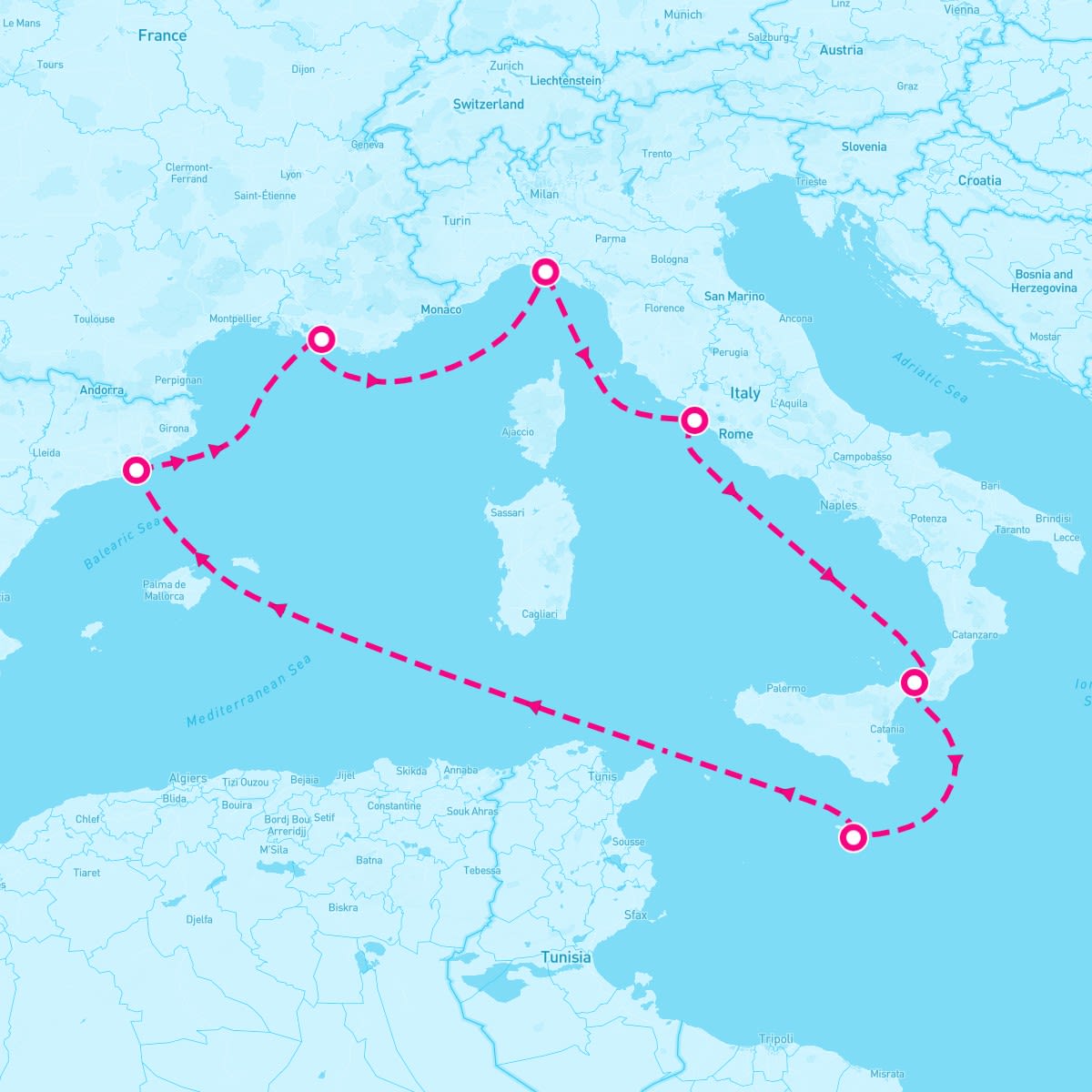 MSC World Europa itinerary map for March 11, 2025 (7 nights)