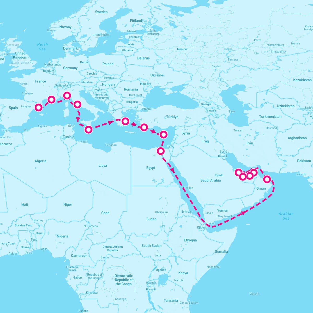 MSC World Europa itinerary map for November 6, 2026 (24 nights)
