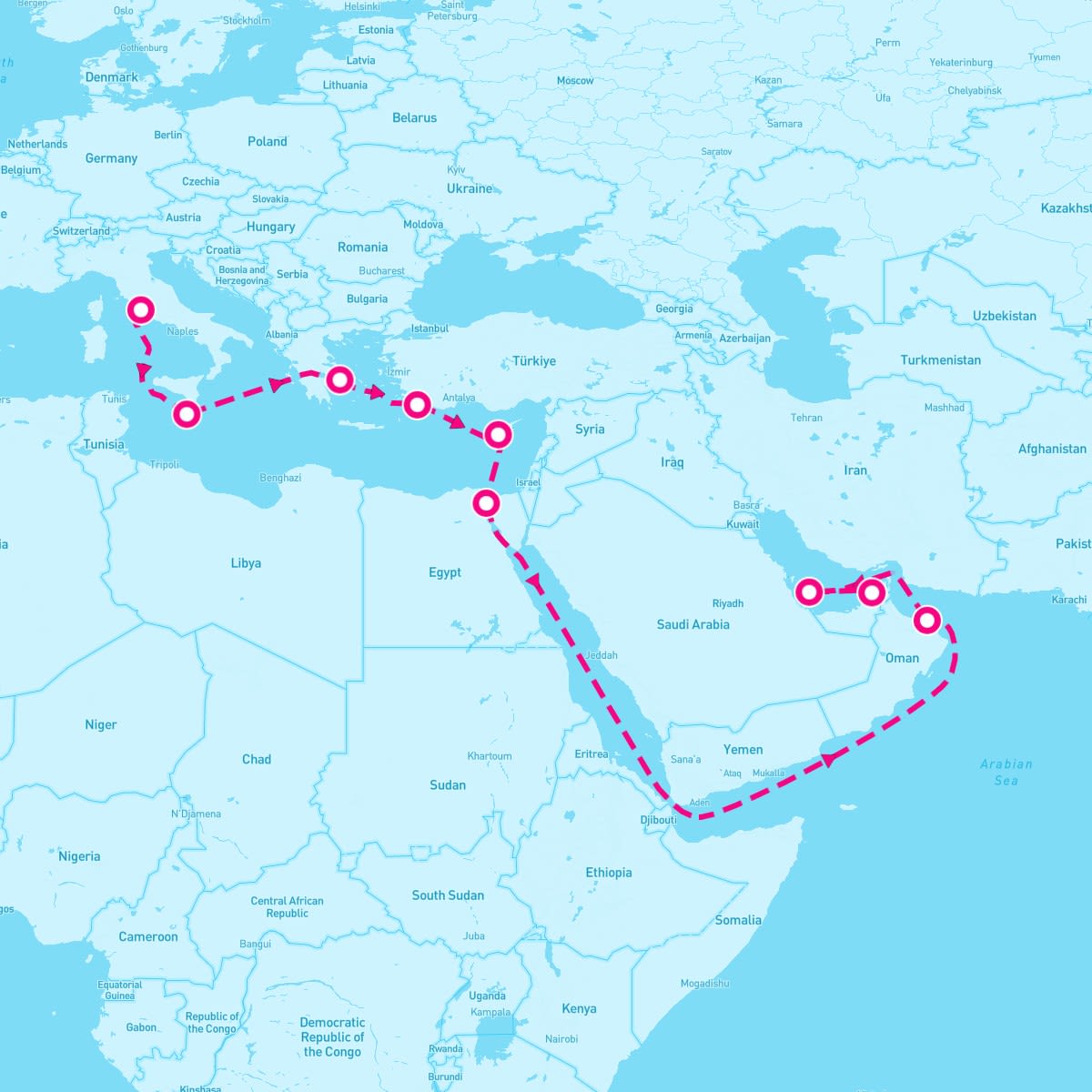 MSC World Europa itinerary map for November 9, 2026 (19 nights)