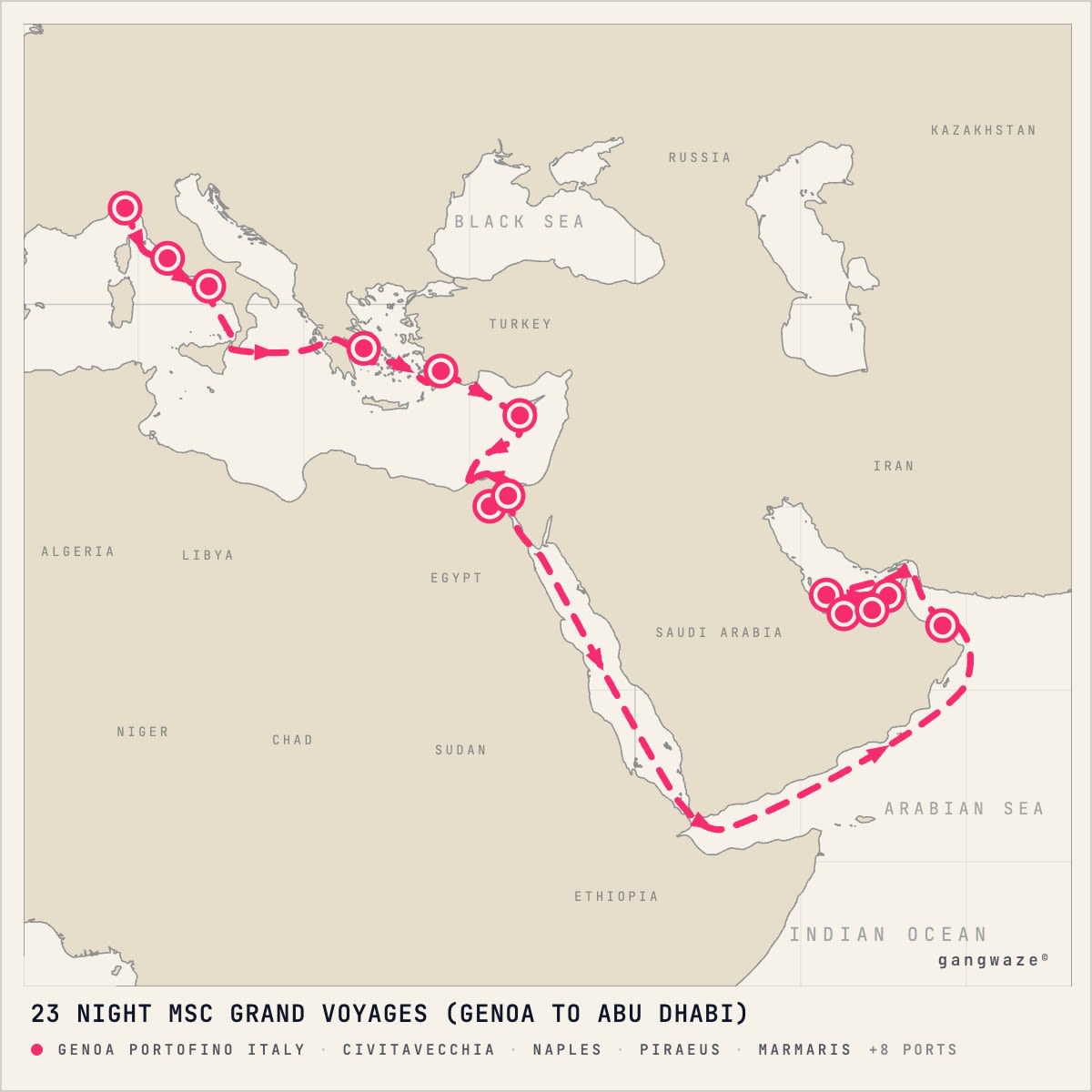 MSC World Europa itinerary map for November 20, 2027 (23 nights)