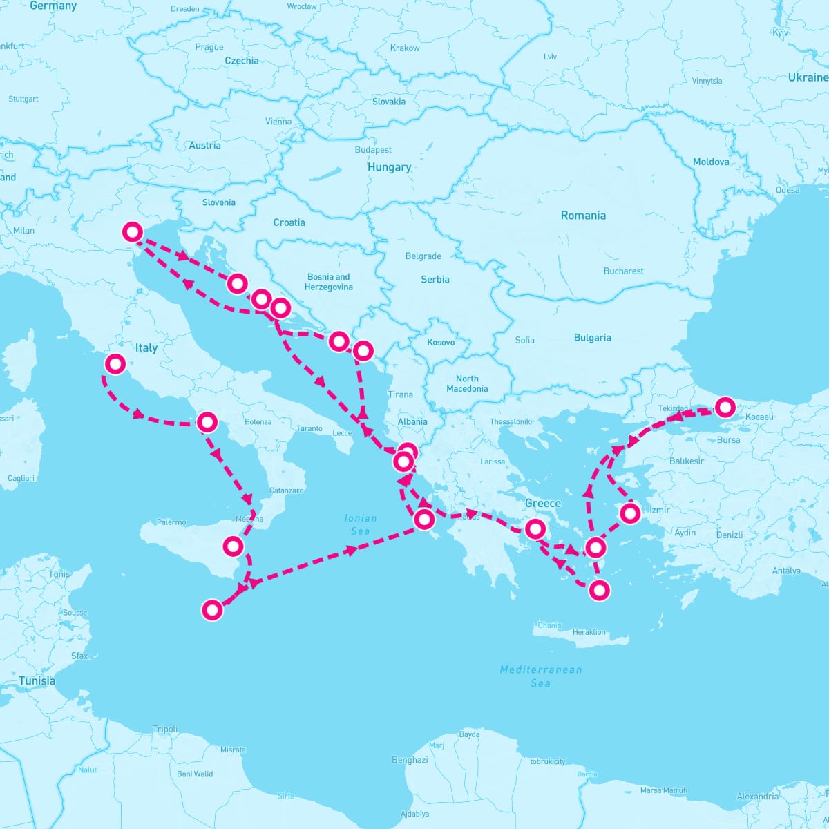 Nautica itinerary map for August 22, 2025 (20 nights)