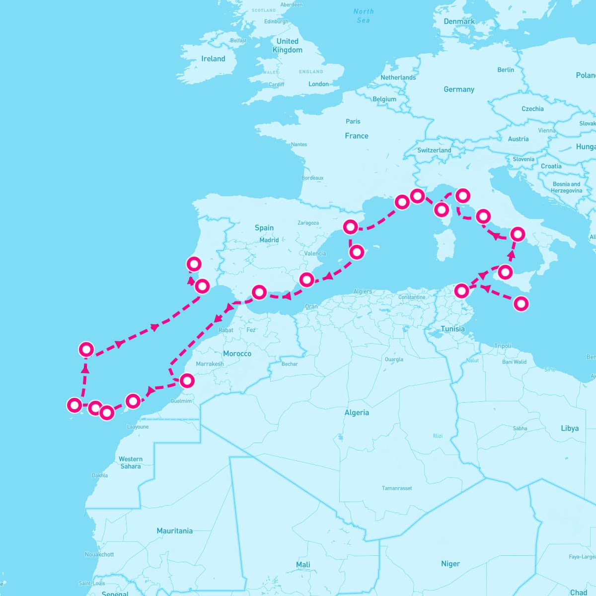 Nautica itinerary map for September 25, 2025 (22 nights)
