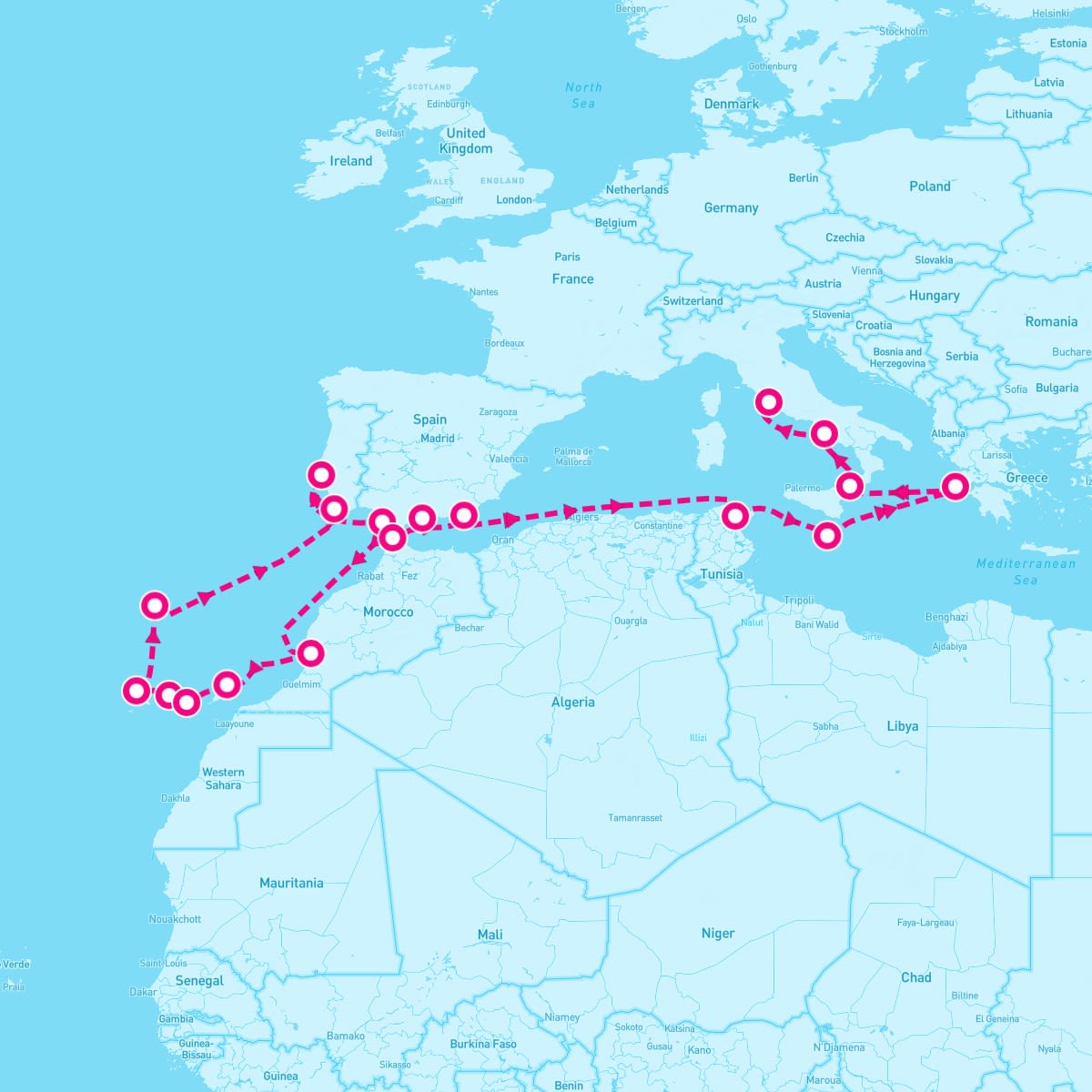 Nautica itinerary map for October 7, 2025 (22 nights)