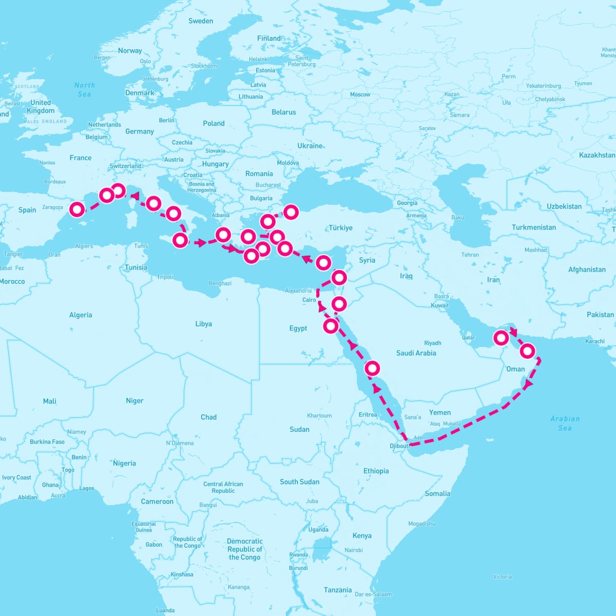 Nautica itinerary map for November 8, 2025 (32 nights)