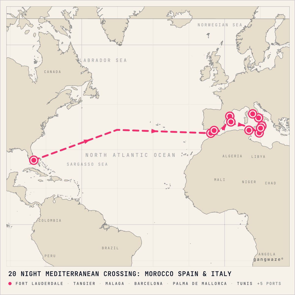 MS Nieuw Amsterdam April 7, 2028 itinerary map: from Fort Lauderdale to Civitavecchia, calling at Tangier, Malaga, Barcelona, Palma De Mallorca, Tunis, Valletta, Catania, Cruise Strait Of Messina, Naples