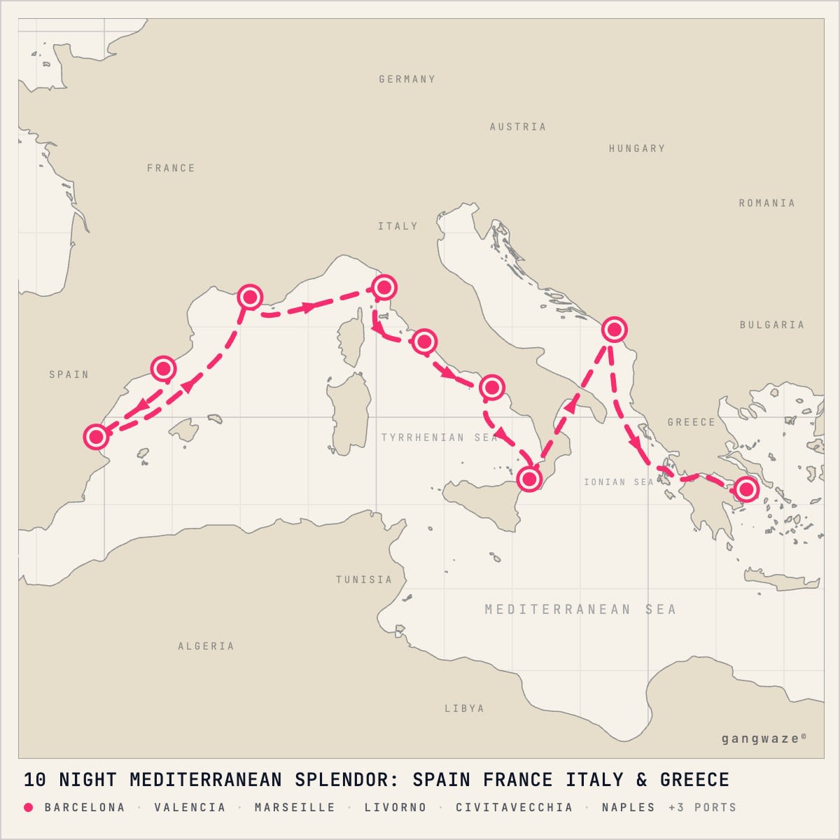 MS Nieuw Statendam January 16, 2028 itinerary map: from Barcelona to Piraeus, calling at Valencia, Marseille, Livorno, Civitavecchia, Naples, Cruise Strait Of Messina, Kotor