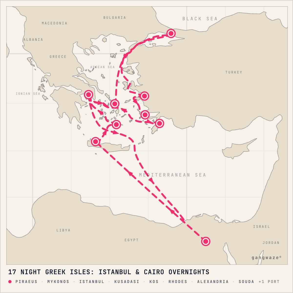 MS Nieuw Statendam January 26, 2028 itinerary map: round trip from Piraeus, calling at Mykonos, Istanbul, Kusadasi, Kos, Rhodes, Piraeus, Alexandria, Souda, Santorini