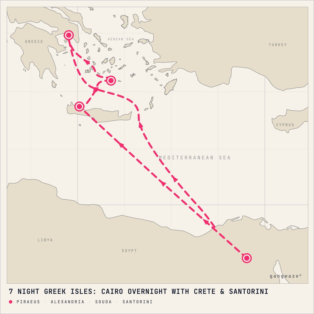 MS Nieuw Statendam February 5, 2028 itinerary map: round trip from Piraeus, calling at Alexandria, Souda, Santorini