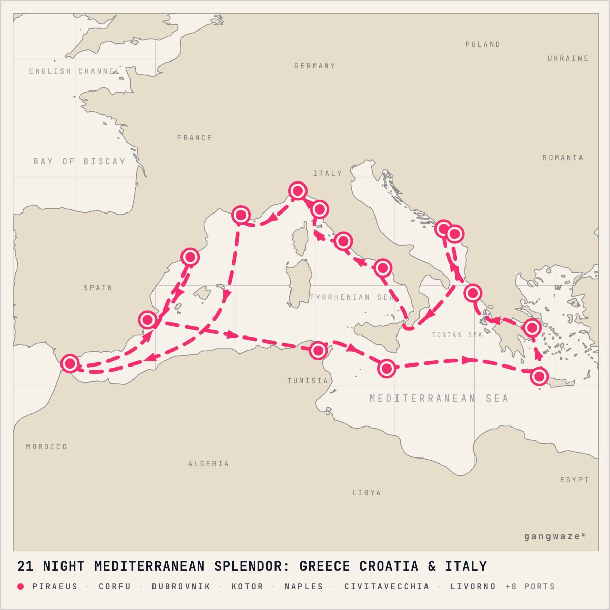 MS Nieuw Statendam February 12, 2028 itinerary map: round trip from Piraeus, calling at Corfu, Dubrovnik, Kotor, Naples, Civitavecchia, Livorno, Genoa, Marseille, Gibraltar, Barcelona, Alicante, Tunis, Valletta, Souda