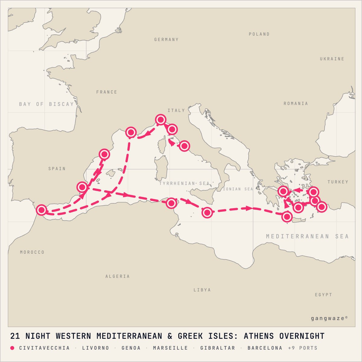 MS Nieuw Statendam February 19, 2028 itinerary map: from Civitavecchia to Piraeus, calling at Livorno, Genoa, Marseille, Gibraltar, Barcelona, Alicante, Tunis, Valletta, Souda, Piraeus, Santorini, Bodrum, Rhodes, Kusadasi