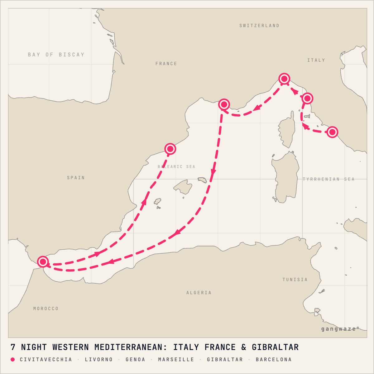 MS Nieuw Statendam February 19, 2028 itinerary map: from Civitavecchia to Barcelona, calling at Livorno, Genoa, Marseille, Gibraltar