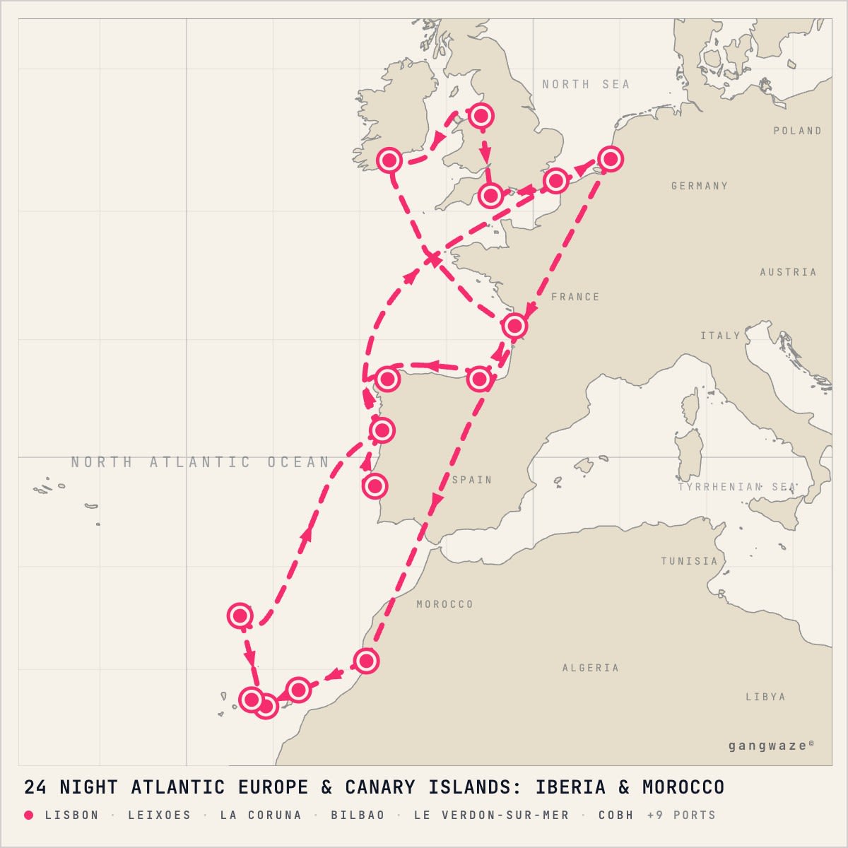 MS Nieuw Statendam itinerary map for March 21, 2028 (24 nights)