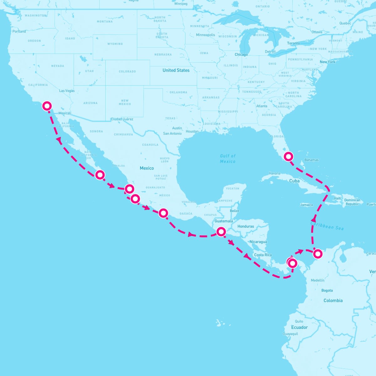 Norwegian Bliss itinerary map for January 12, 2024 (15 nights)