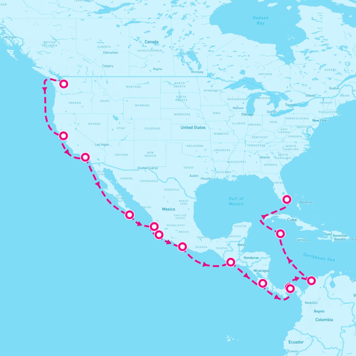 Norwegian Encore itinerary map for October 13, 2024 (21 nights)