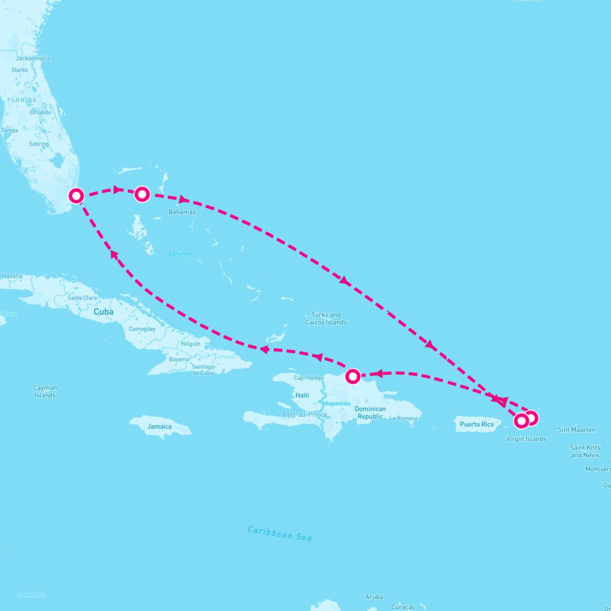 Norwegian Encore itinerary map for December 22, 2024 (7 nights)