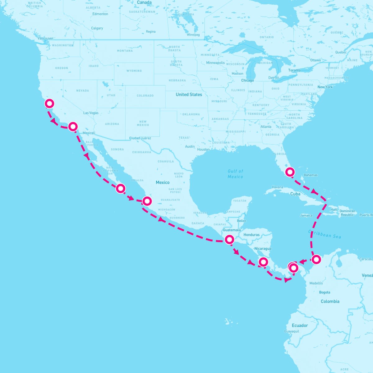 Norwegian Encore itinerary map for March 30, 2025 (17 nights)